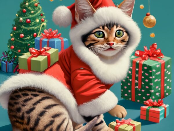 T-shirt design, realistic, adorable happy kitten dressed as santa, playing with christmas packages in front of christmas tree, text “canela”