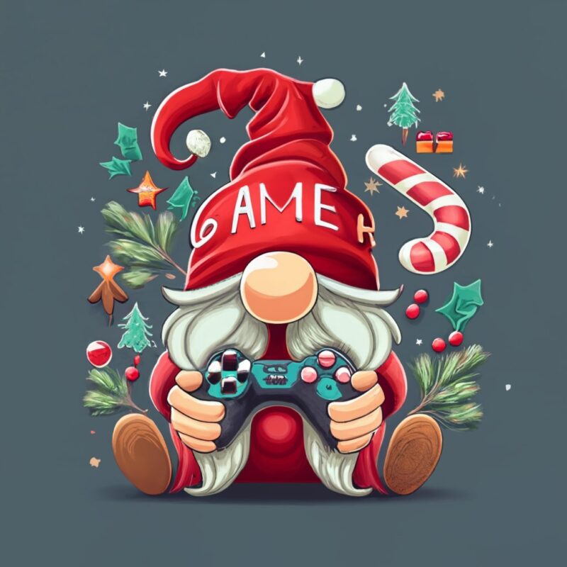 t-shirt design with a text spells: “THE GAMER GNOME” , gnome with red hat, with game controller, christmas elements PNG File