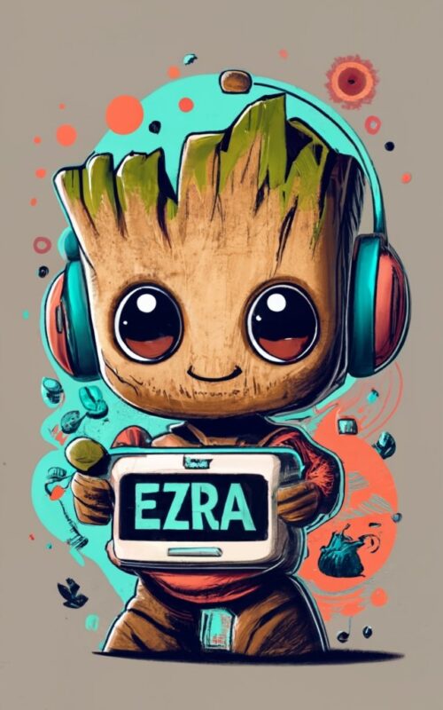 text “Ezra in modern typography, Marvel Baby Groot gamer on a t-shirt design with a white background PNG File