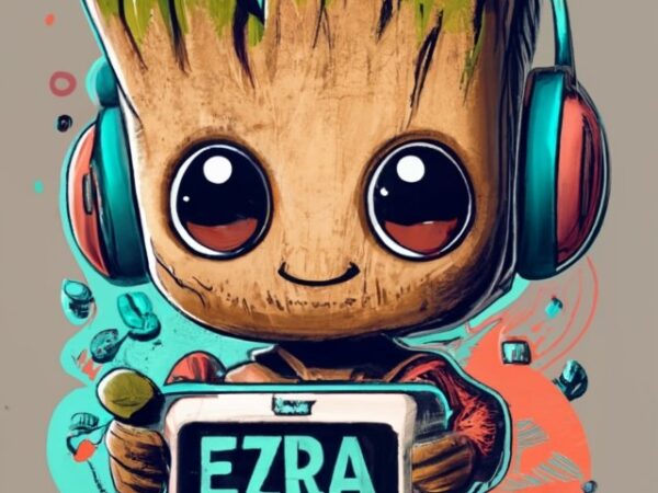 Text “ezra in modern typography, marvel baby groot gamer on a t-shirt design with a white background png file