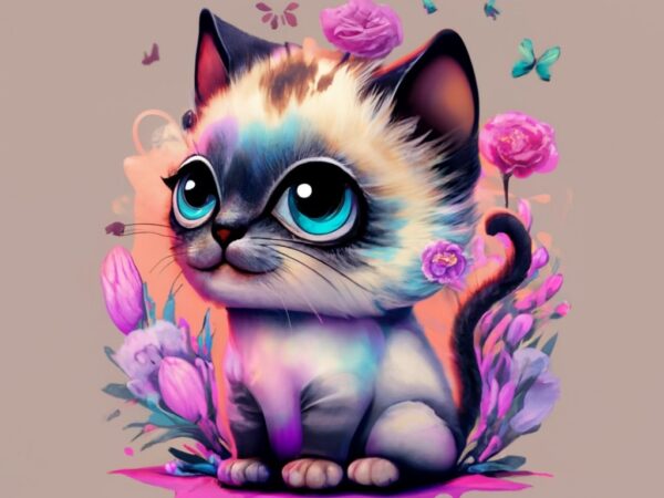 Text “smokey cat” under the kitten, a cute colorful baby siamese cat, fantasy flower splashes, modern t-shirt design, studio ghibli style pn