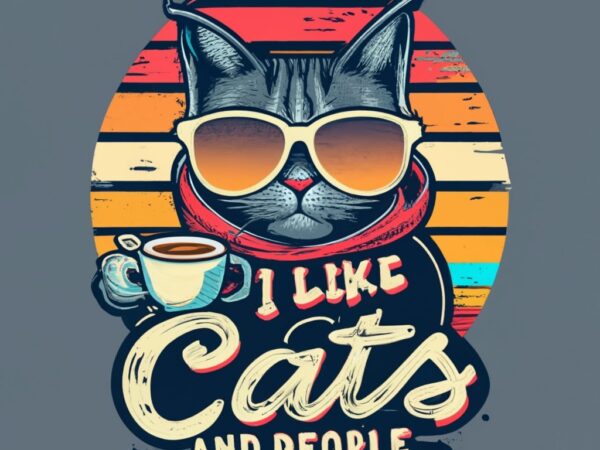 T-shirt design vintage retro sunset distressed black style design, a cute cat wearing sunglasses and hoodie and drinking coffee, text at the