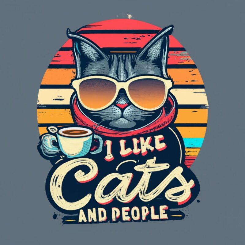 t-shirt design Vintage retro sunset distressed black style design, a cute cat wearing sunglasses and hoodie and drinking coffee, text at the