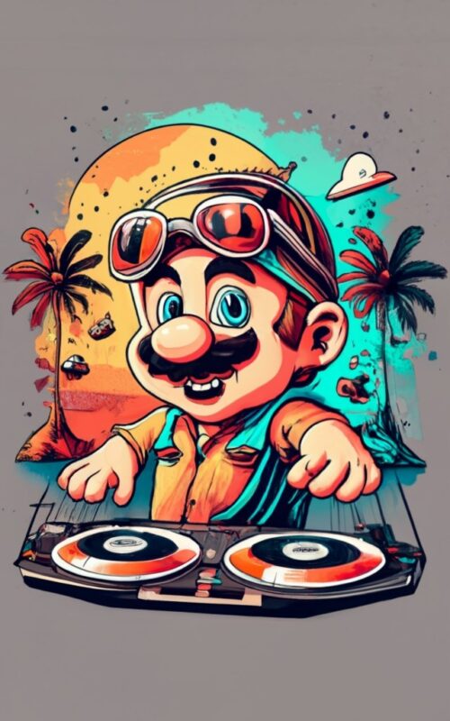 t-shirt design, Super Mario djing a cdj pioneer 3000 in a party , sunset beach, watercolor splash PNG File