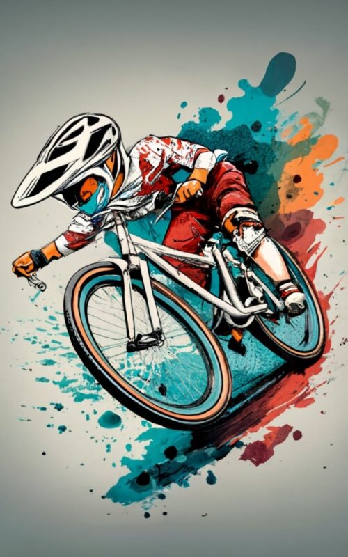 t-shirt design, bmx race bike. 10 year old boy wearing long sleeve jersey with red shorts full face helmet and knee pads watercolor splash P