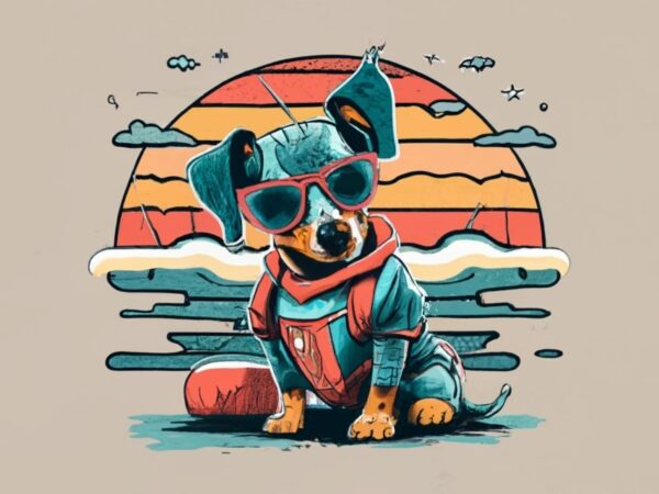 T-shirt design.vintage retro sunset distressed design,a cute dachshund with a spiderman outfit and png file