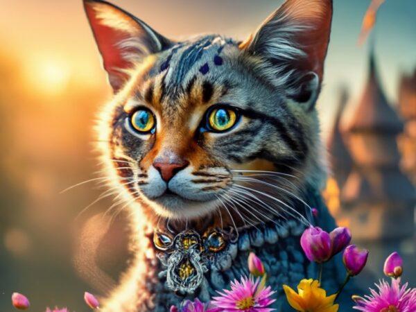 Very beautiful cat, watercolor and ink, fantasy, beautiful, award winning, colorful, fantastic view, in sunshine, vibrant,add flowers, vinta t shirt vector art