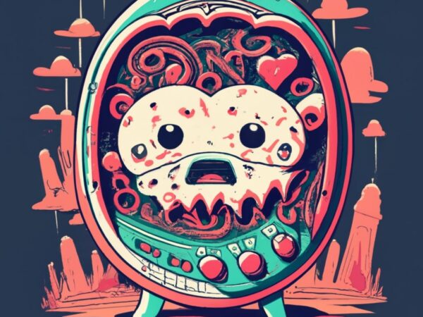 Vibrant t-shirt design of a tomagotchi in a horror style png file