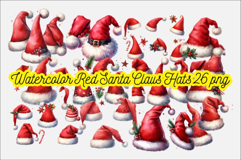 Watercolor Red Santa Claus Hats PNG Sublimation Bundle