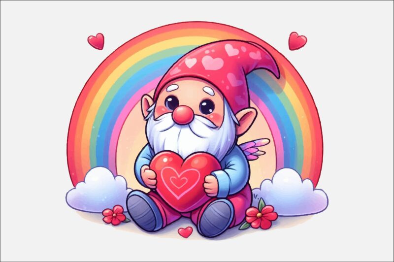 Gnome Valentines Day Rainbow PNG Bundle