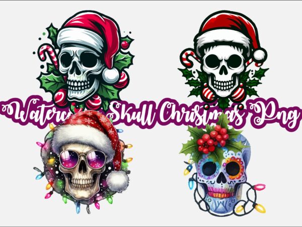 Watercolor skull christmas png sublimation t shirt design for sale