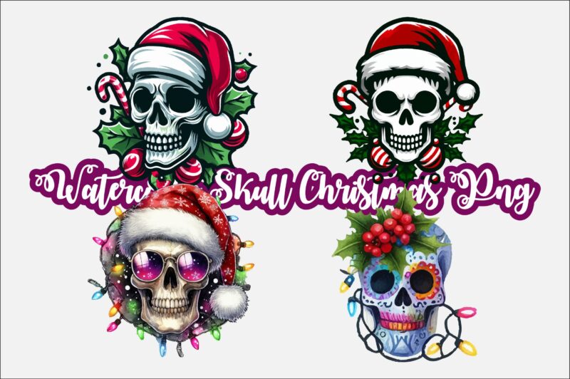 Watercolor Skull Christmas PNG Sublimation