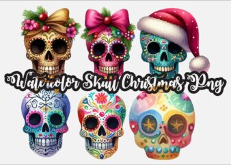 Watercolor Skull Christmas PNG Sublimation