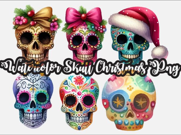 Watercolor skull christmas png sublimation t shirt design for sale