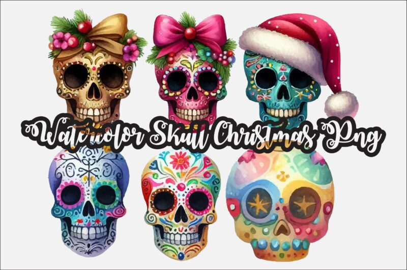 Watercolor Skull Christmas PNG Sublimation