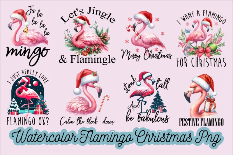 Watercolor Flamingo Christmas PNG Sublimation Bundle