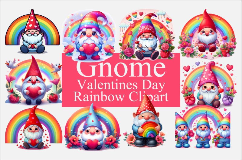 Gnome Valentines Day Rainbow PNG Bundle