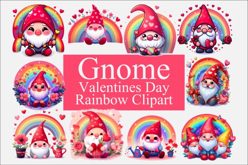 Gnome Valentines Day Rainbow PNG Bundle