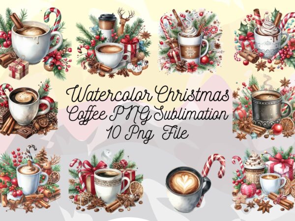 Watercolor christmas coffee png sublimation bundle t shirt design for sale