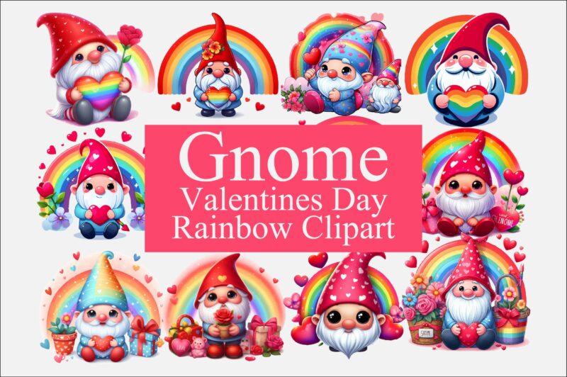 Gnome Valentines Day Rainbow PNG Bundle