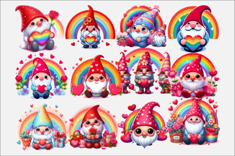 Gnome Valentines Day Rainbow PNG Bundle