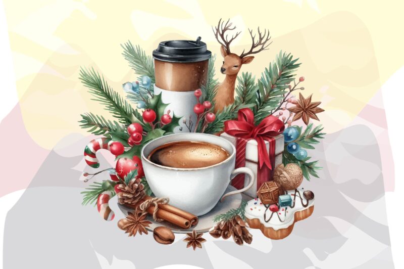 Watercolor Christmas Coffee PNG Sublimation Bundle