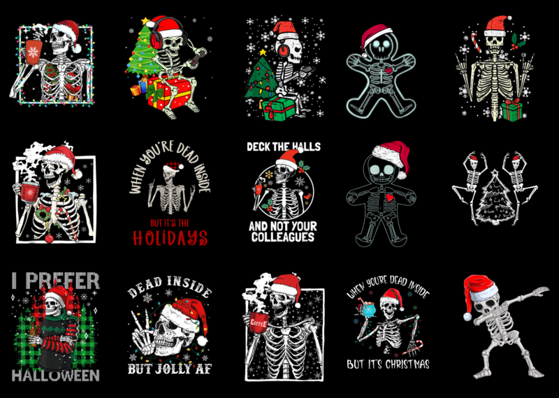 15 Skeleton Christmas Shirt Designs Bundle For Commercial Use Part 2, Skeleton Christmas T-shirt, Skeleton Christmas png file, Skeleton Chri