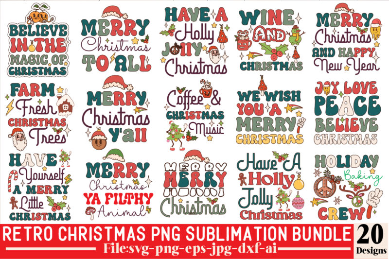 Retro Christmas PNG Sublimation Bundle,20 Designs,on Sell Design,Big Sell Design,Png Bundle,Christmas T-shirt Designs