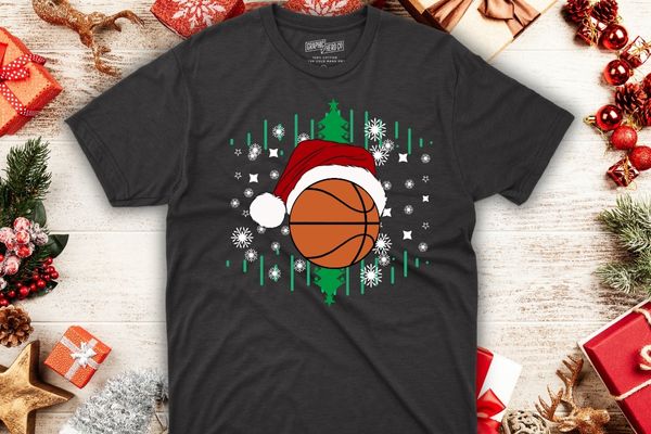 Basketball christmas ball santa hat xmas sport t-shirt design vector