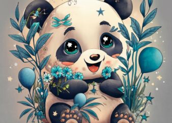 t shirt design of a watercolor cartoon style chibi panda smiling surrounded by blue wildflowers, celestial glittering stars and blue balloon