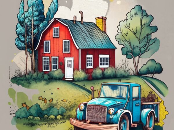 A t shirt design of a watercolor cartoon style red farm house with a blue farm blue truck in front of the farm png file