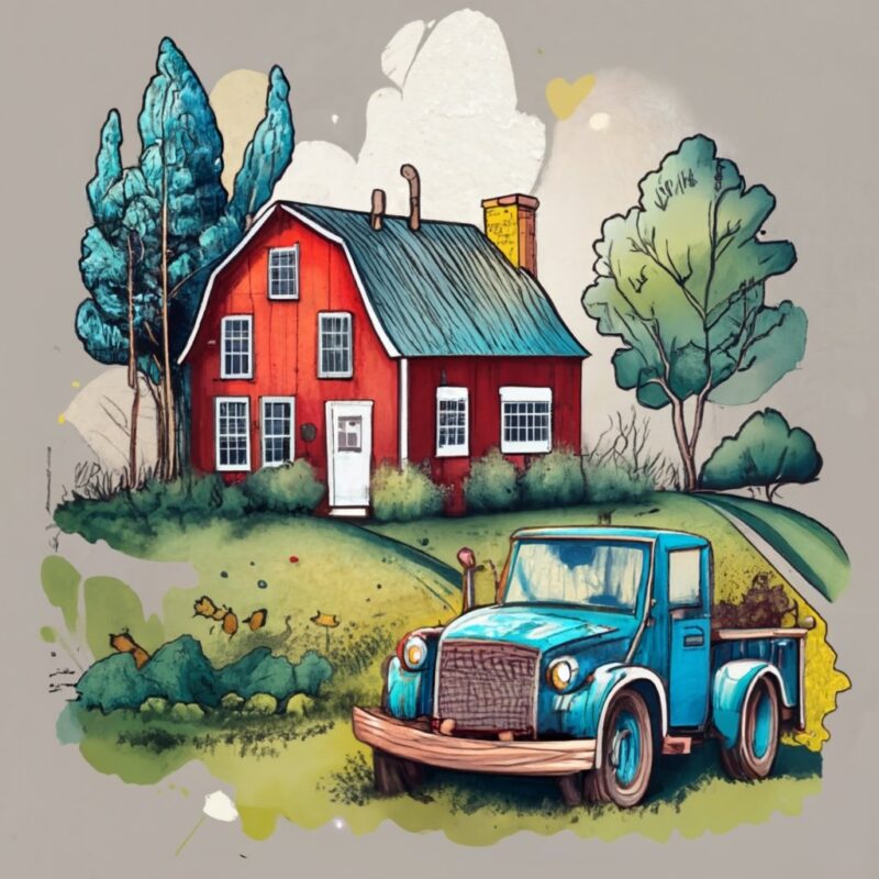 A t shirt design of a watercolor cartoon style red farm house with a blue farm blue truck in front of the farm PNG File