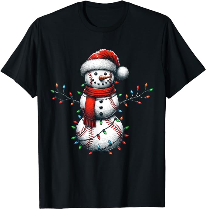 Baseball Snowman Santa Christmas Light Christmas Baseball T-Shirt