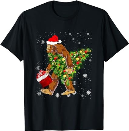 Bigfoot carrying christmas tree sasquatch believer pajama t-shirt