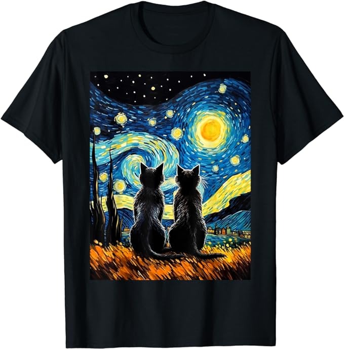 Black Cats Lover Starry Night Vincent van Gogh T-Shirt PNG File