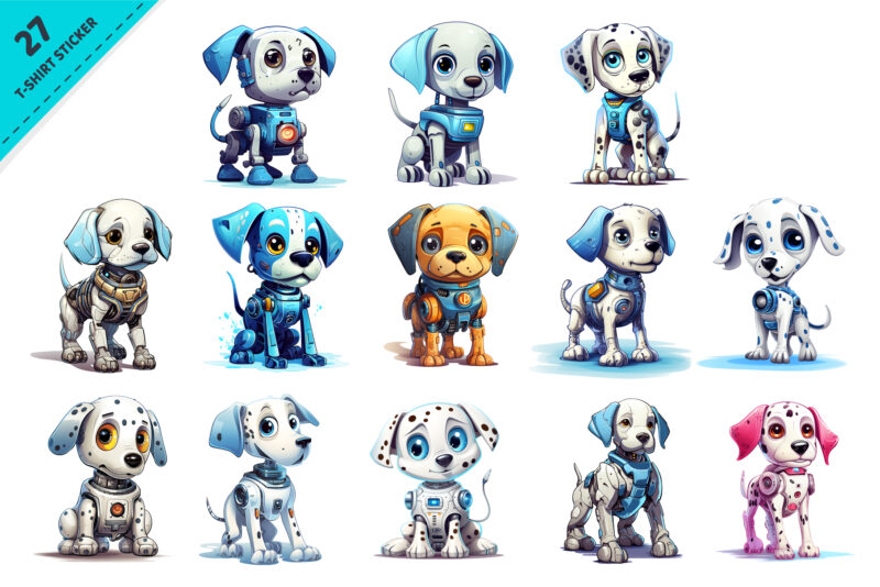 Cartoon dog robots. T-Shirt, Sticker.