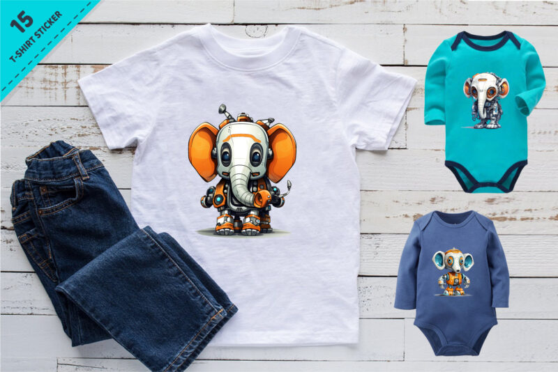 Cartoon elephant robots. T-Shirt, Sticker.