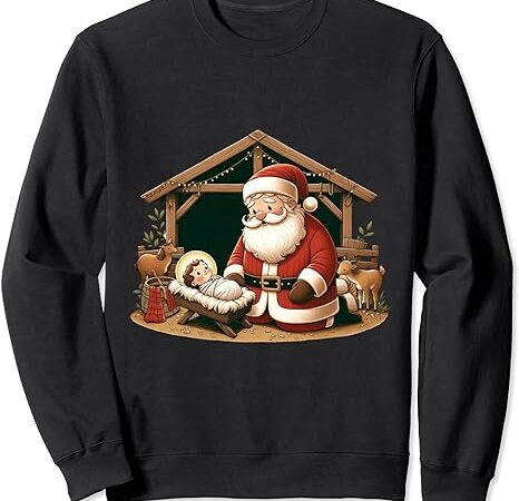 Christmas design kneeling santa claus with baby jesus sweatshirt