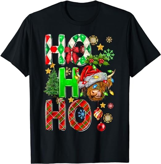 Christmas Ho Ho Ho Cute Highland Cow Santa Hat Xmas Pajamas T-Shirt