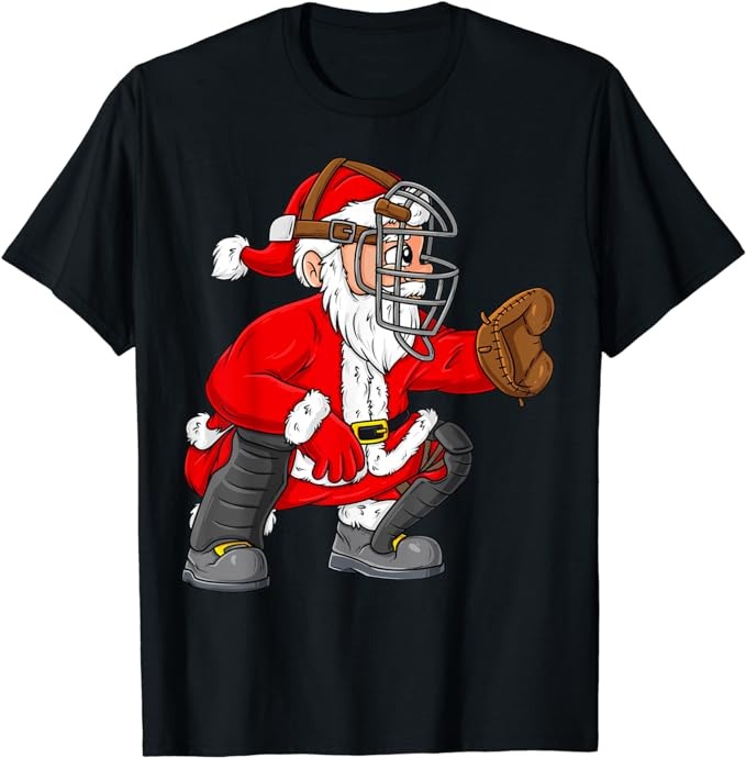 Christmas Santa Claus Baseball Catcher Boys Girls Kids Xmas T-Shirt