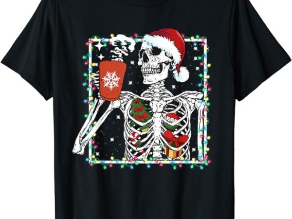 Christmas skeleton with smiling skull drinking coffee latte t-shirt