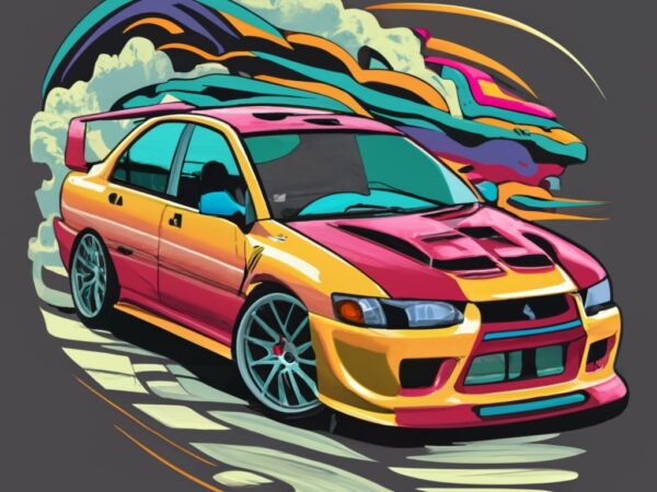 Create a vector t-shirt design of a mitsubishi evo, must be dramatic with lots of bright colours png file