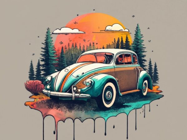 T-shirt design featuring a beautiful vintage car the design should capture the essence of the forest, with a vanishing point perspective and