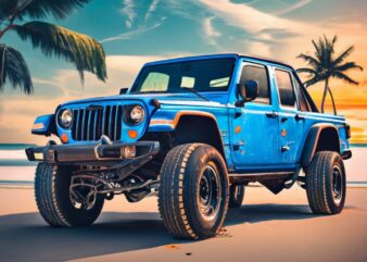 t-shirt design featuring a blue jeep comanche truck . The design should capture the essence of the beach, with a vanishing point perspective