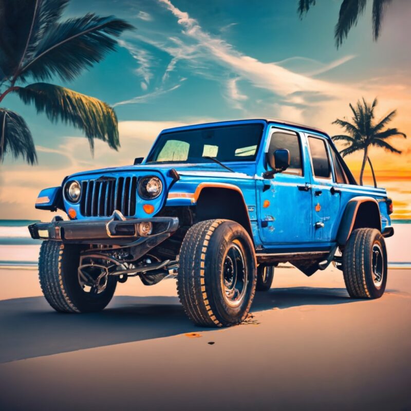 t-shirt design featuring a blue jeep comanche truck . The design should capture the essence of the beach, with a vanishing point perspective