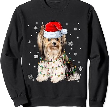 Cute santa claus yorkie dog xmas tree lights christmas pjs sweatshirt