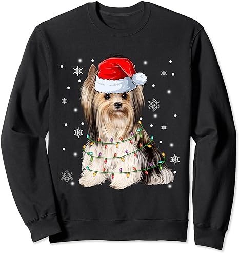 Cute Santa Claus Yorkie Dog Xmas Tree Lights Christmas PJS Sweatshirt