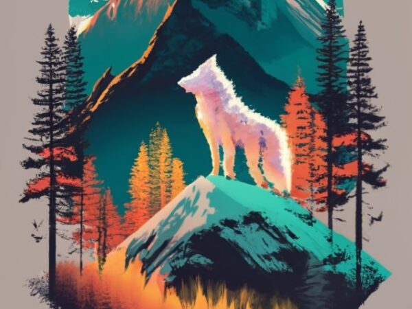 Design a captivating t-shirt graphic that showcases a double exposure of a white wolf and a majestic mountain, expertly intertwined with a b