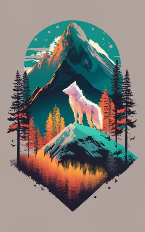 Design a captivating t-shirt graphic that showcases a double exposure of a white wolf and a majestic mountain, expertly intertwined with a b