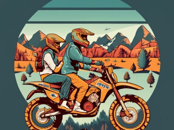Dirt bike vector with mountains on background t-shirt design, two passengers,man and woman png file